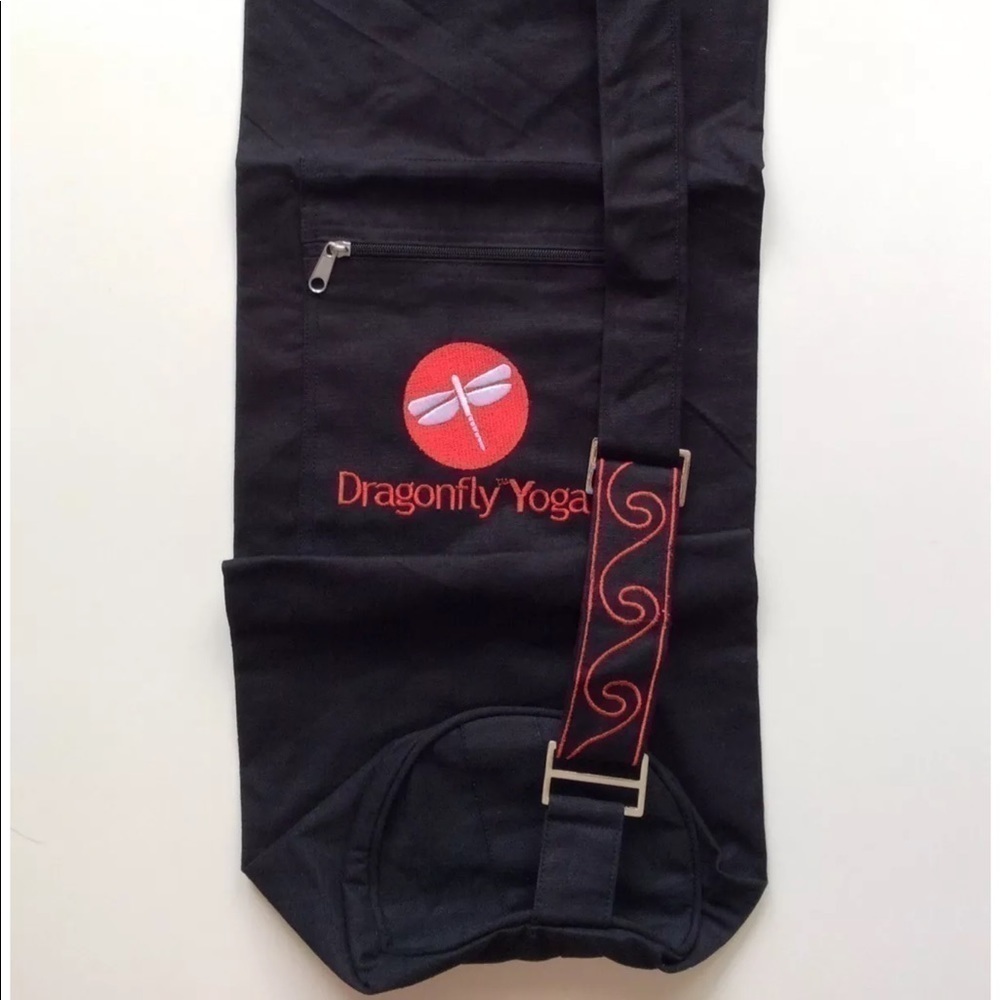 LAST 1! Yoga Mat Bag Red Dragonfly Black Canvas 30” Sling Strap Zip Pocket NEW